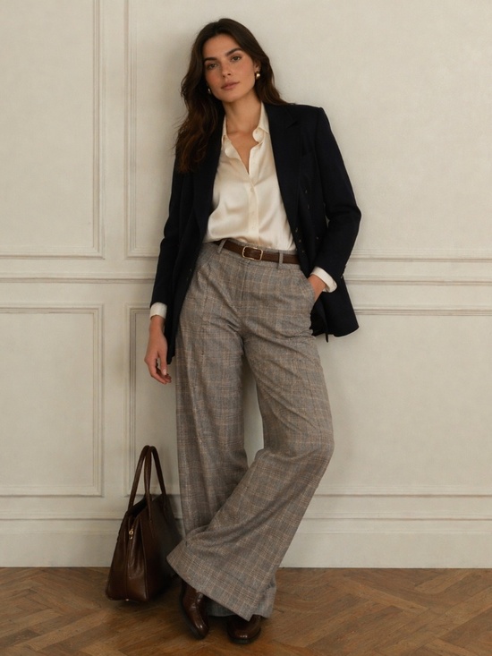 Majora Pants - NWT Wide leg plaid trousers/pant women's 12 beige cuffs corporate girlie classic